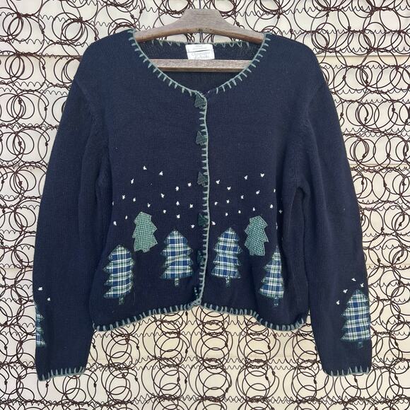 Vintage Sweaters - VTG Christopher Banks americana plaid appliqué Christmas tree cardigan sweater